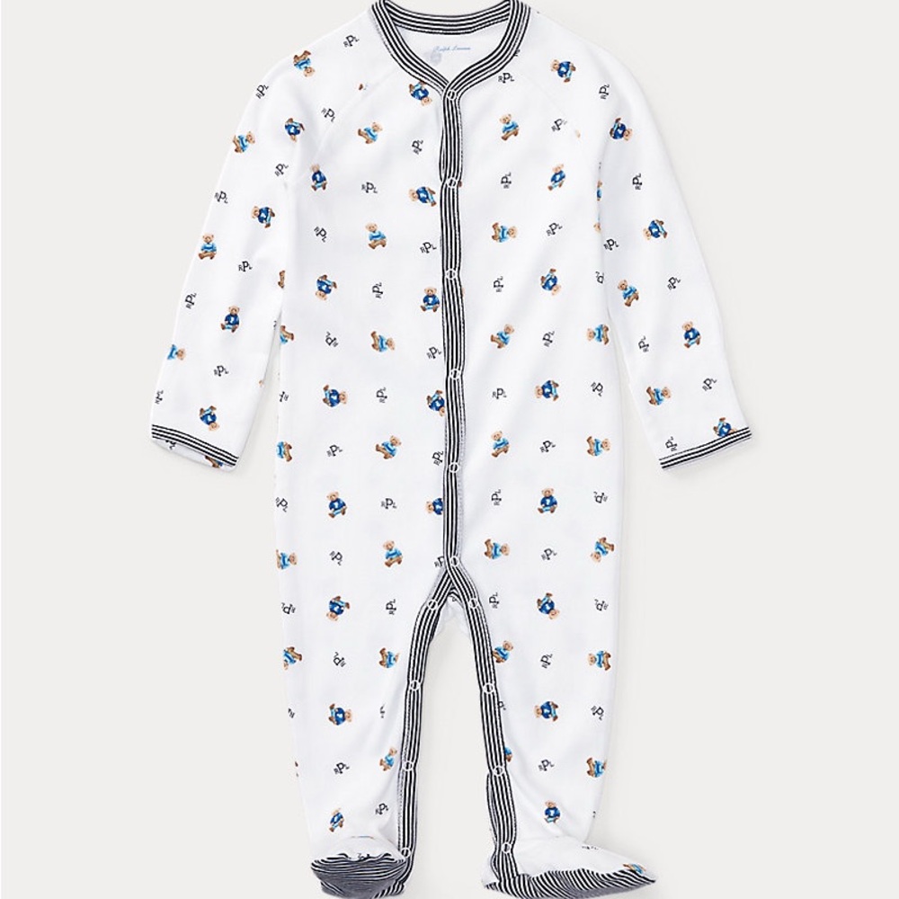Ralph Lauren White Footie with Blue Bear Pattern